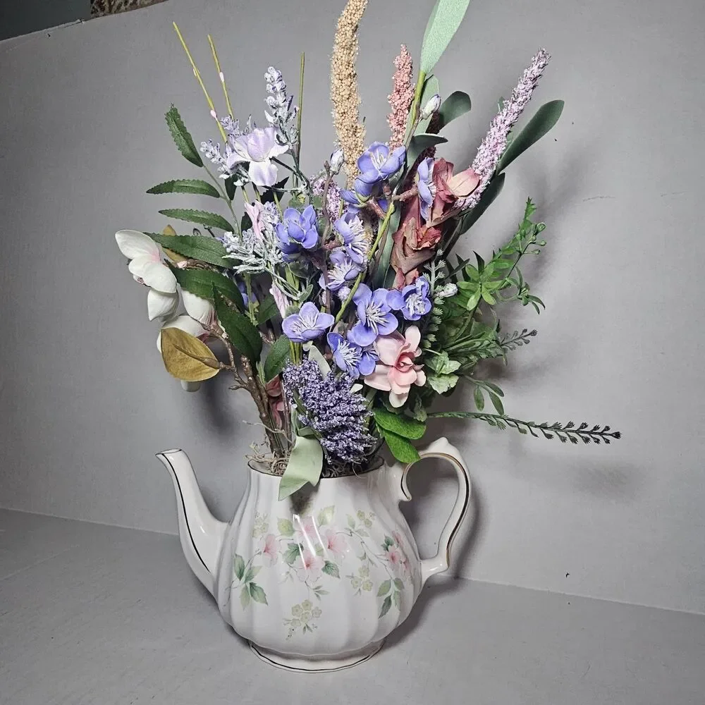 Handmade Artificial Floral Arrangement In Pink Floral Teapot Gold Accent